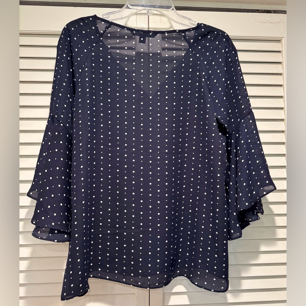 ZAC & RACHEL— Size S, Sheer Navy w/ White Polka Dots, & Flutter Bell Sleeves - Picture 3 of 7